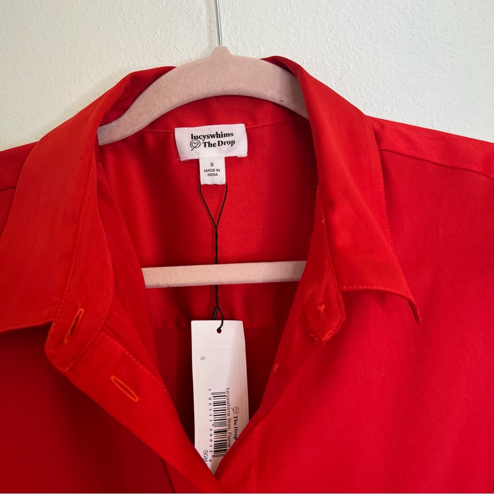 Red Long-Sleeve Button Down Stretch Satin Shirt - Picture 6 of 6